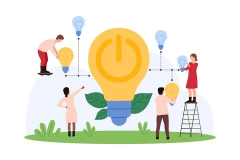 Green energy ideas development, tiny people connect bright lamp with small light Illustration