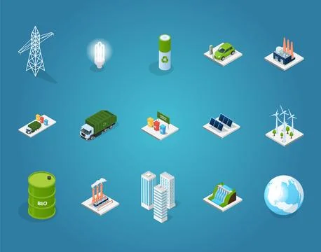 Green energy infrastructure elements and products. Alternative energy sources Stock Illustration