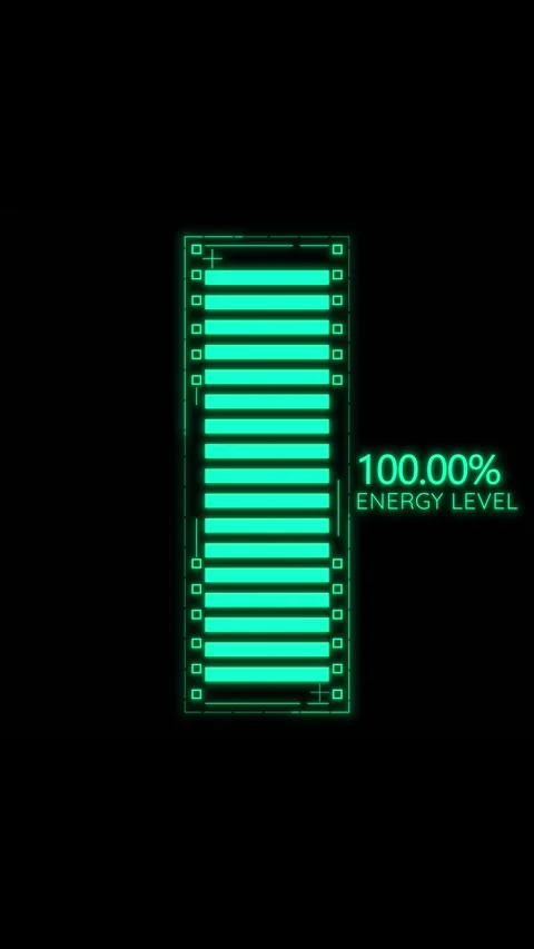 Green energy level battery HUD glowing vertical cells, percent text, and dark mi Stock Footage 340548799