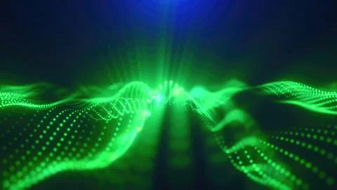 Green energy magic waves high tech digital iridescent morphing with light r.. Illustrazione stock
