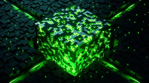 Green energy pulsating digital cube core activation 3D render Stock Footage 319828169