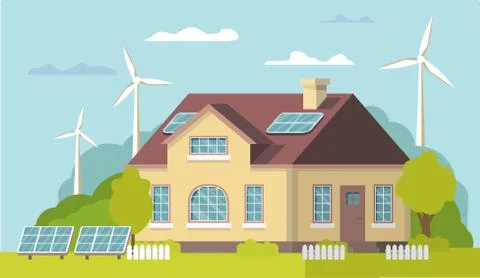 Green energy renewable eco house. Solar, wind power . Stock Illustration