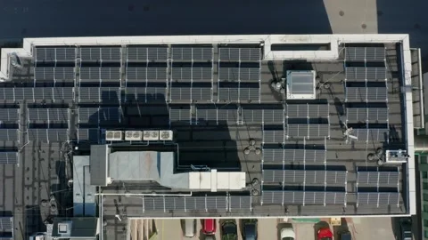 Green Energy Rooftop Solar System Commercial Building In Gdansk Poland Top View Stock Footage 313759565