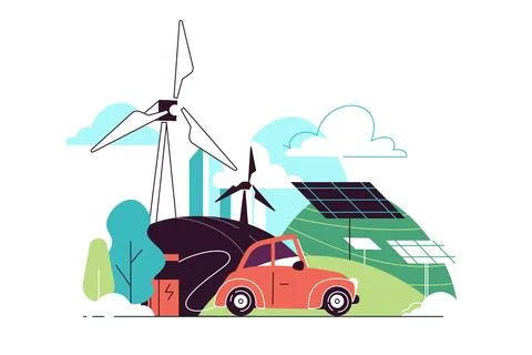 Green energy sources and electric car Stock Illustration