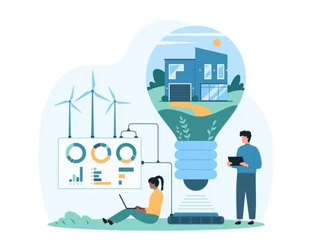 Green energy technology development, tiny people work on digital project of eco Stock Illustration