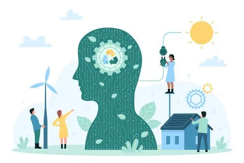 Green energy, tiny people connect plug and socket to power modern electric Illustrazione stock