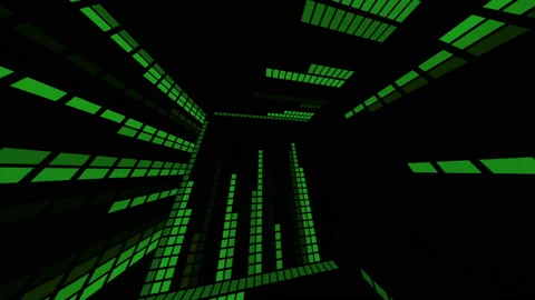 Green equalizer in a cube. 3D abstraction of a room from animated walls Stock Footage 155740020