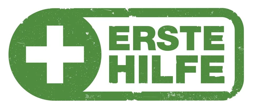 Green ERSTE HILFE, German for FIRST AID, rubber stamp print with cross symbol イラスト素材