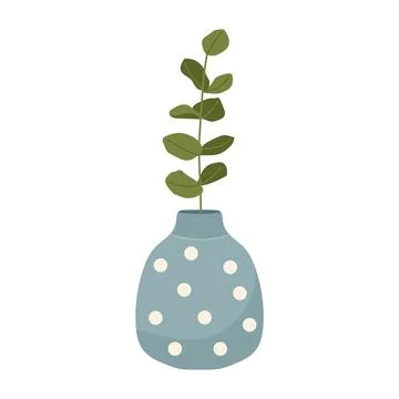 Green eucalyptus branch in a cute blue polka dot ceramic vase vector illust.. Stock Illustration