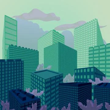 Green evening city perspective, vector illustration, background Stock Illustration