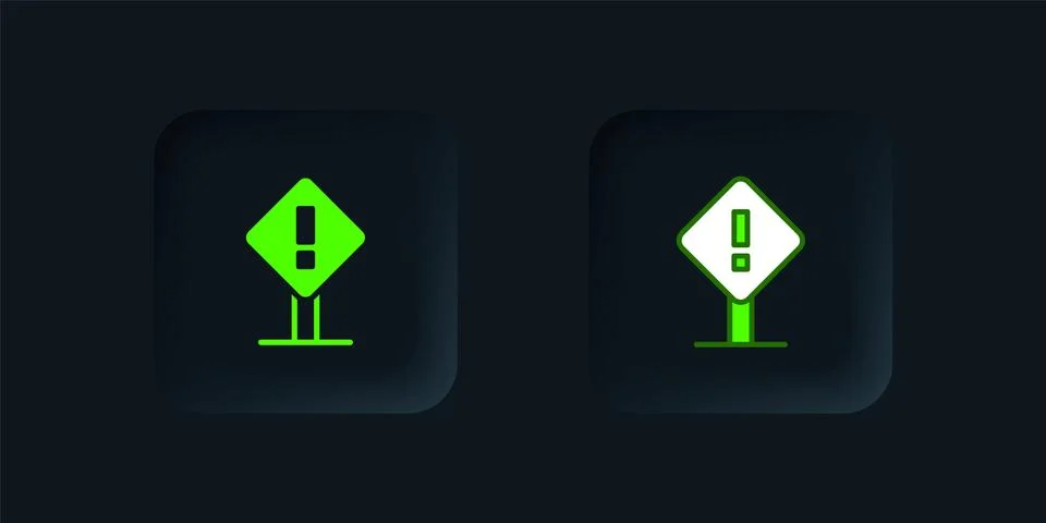 Green Exclamation mark in square frame icon isolated on black background. H.. Stock Illustration
