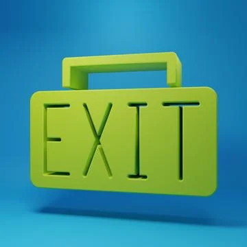 Green Exit icon isolated on blue background. Fire emergency icon. Minimalis.. Ilustración de archivo