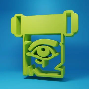 Green Eye of Horus on papyrus scroll icon isolated on blue background. Parc.. Illustrazione stock