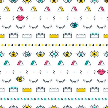 Green eyes pattern with lips, crown, lightning and geometric shapes in memphi Stock Illustration