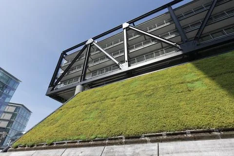Green facade on the PEC office building, cloud bow, planting to improve the Stock Photos