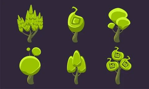 Green Fantasy Shape Trees Set, Fantastic Landscape Elements, Game Ui Scenics 스톡 일러스트