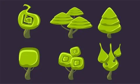 Green Fantasy Shape Trees Set, Fantastic Forest Elements, Game Ui Scenics Vector Stock Illustration