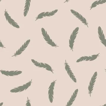 Green feathers seamless pattern on pink background. Stock Illustration