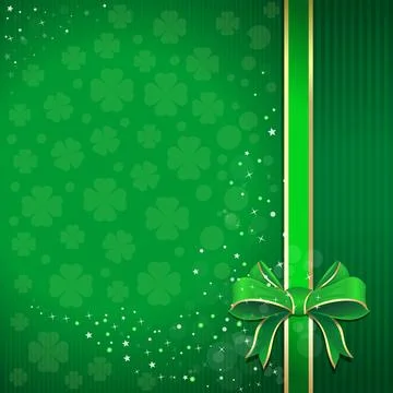 Green festive background for St. Patricks Day with ribbon, bow and leafed c.. Stock Illustration