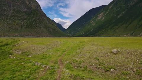 Green field against the backdrop of mountains Stock Footage 247392759