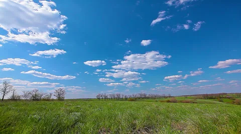 Green field and cloudy sky. 4K. FULL HD, 4096x2304. Stock Footage 36352804