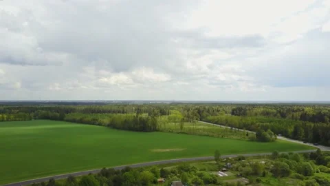 Green field and cloudy sky with a green forest on the horizon. Stock Footage 131311571