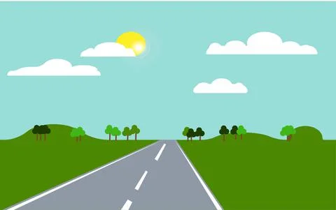 Green field, empty road. Summer sunny day. Stock Illustration