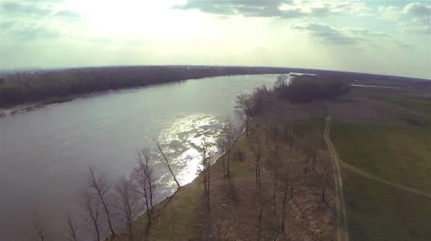 Green field, river with reflections  and sky .Aerial  landscape Stock Footage 36996622
