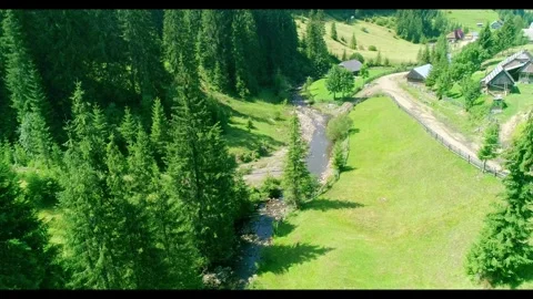 Green field with river stream, summer grass land  Stock Footage 283350749