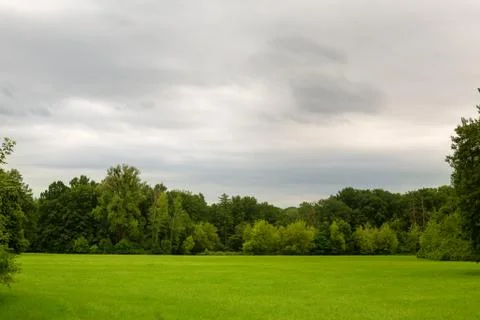 Green field surrounded by trees on a cloudy day. cloudy sky. blurred background Stock Photos