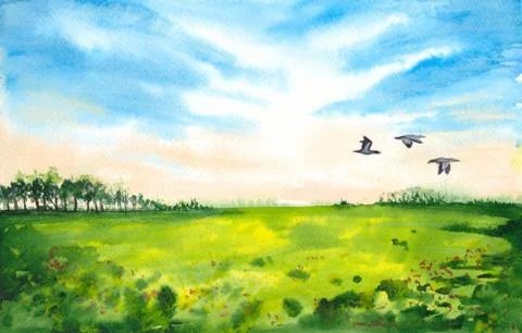 Green field with trees in the distance Illustrazione stock
