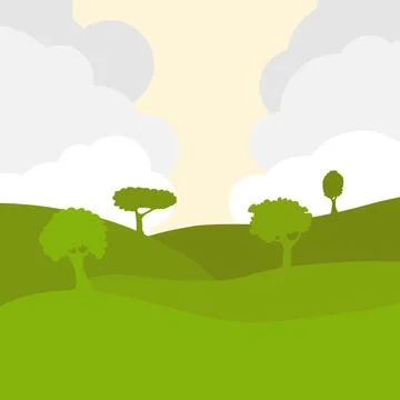 Green fields against the sky with clouds. Green rural landscape with trees. Stock Illustration