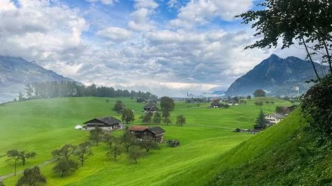 Green Fields and Mountain Views in the Swiss Alps Foto stock