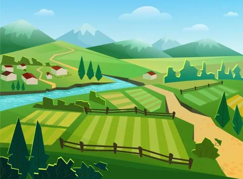 Green fields and mountains flat vector illustration イラスト素材