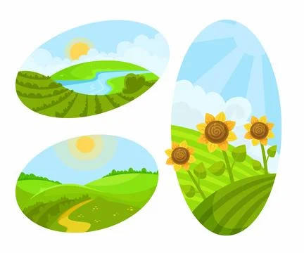 Green Fields and Pasture with Grass and Sunflower Vector Set Illustrazione stock