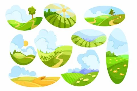 Green Fields and Pasture with Grass Vector Set イラスト素材