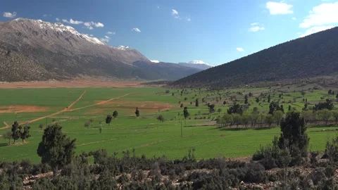 Green fields and snowy peaks in Bey Mountains - Travel Scene and Scenic Uplands Stock Footage 339561727