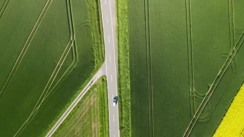 Green fields car drives by view from top rapeseed field rapsfeld country road Stock Footage 156333388