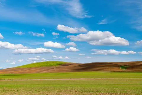 Green fields contrasted with fields on hills of brown earth Stock-Fotos