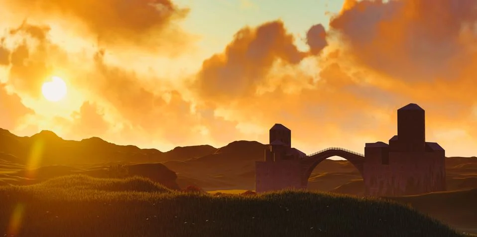 Green fields landscape 3d rendering Stock Illustration