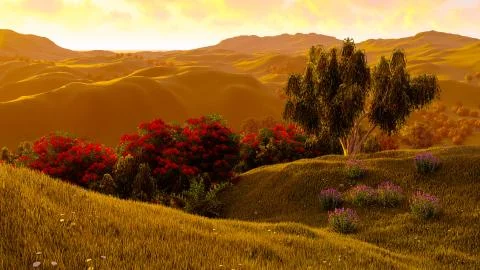 Green fields landscape 3d rendering Stock Illustration