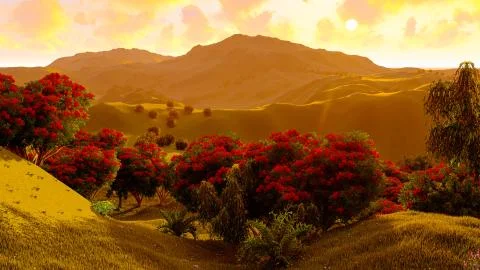 Green fields landscape 3d rendering Stock Illustration