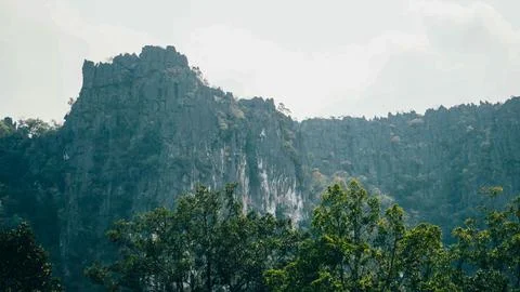 Green fields with luxurious mountain in the background, Thakhek loop, Laos Foto stock