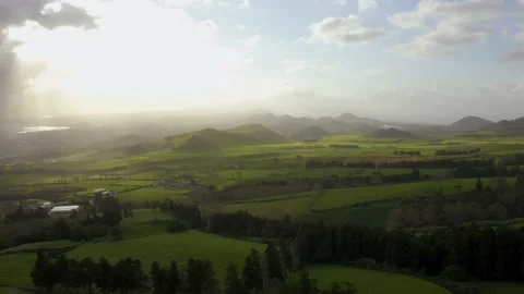 Green fields, meadows at sunset on Sao Miquel Island - Azores - 4k drone foo Stock Footage 202069828