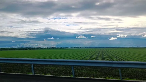 Green fields passing by under dramatic clouds, seen from a moving vehicle. Stock Footage 310465627