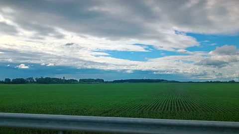 Green fields passing by under dramatic clouds, seen from a moving vehicle. Stock Footage 310469640