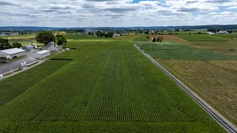 Green fields stretch under a cloudy sky with distant farmland and rural str.. Foto stock