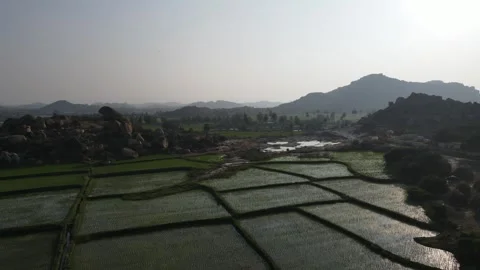Green fields surrounded by granite boulders in Hampi, Karnataka Stock Footage 346484892
