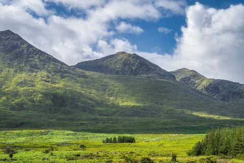 Green fields, trees and mountains illuminated by sunlight in Cronins Yard Foto stock