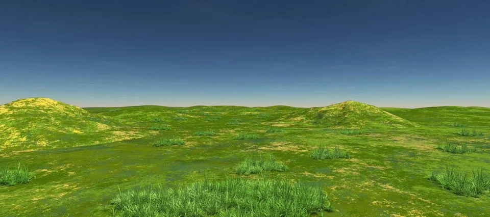 Green fields with two hills and green. Daytime Stock Illustration